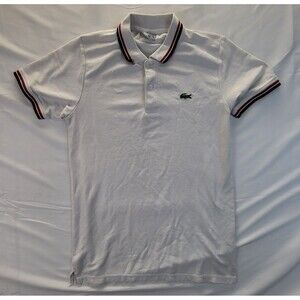 Lacoste Polo Shirt Men Medium White 3 Button Crocodile Red White & Blue Bands